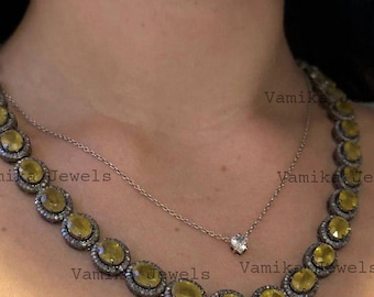 Natural Yellow Sapphire & Diamond Necklace, Handmade 925 Sterling Silver Bridal Wedding Statement Jewelry