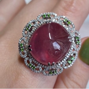 Natuurlijke robijnrode chroomdiopsie en diamanten verlovingsring, 925 sterlingzilveren cocktailsieraden, huwelijkscadeau