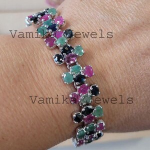 Natural Emerald Kyanite Ruby Bracelet Jewelry - 925 Sterling Silver Bracelet- Multi Gemstone Handmade Bracelet for Women- Birthday Gift