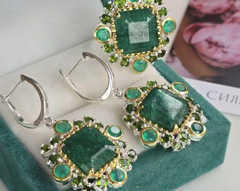 Natural Emerald Peridot Ring Earring Set, 925 Sterling Silver Chalcedony Chrome Diopside Statement Jewelry