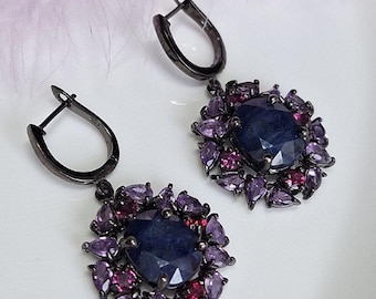 Pendientes colgantes de zafiro natural – Joyería de plata de ley 925 con amatista rodolita y múltiples piedras