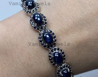 Pulsera de tenis de zafiro estrella natural, plata de ley 925, joya con halo de zafiro.