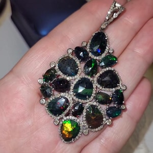 Natural Black Opal Pendant, Handmade Opal & Pave Diamond Pendant,  925 Sterling Silver Diamond Pendant, Fancy Opal Pendant, Gift for Her