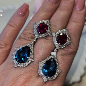 Natural London Blue Topaz Ruby Diamond Earrings, 925 Sterling Silver Luxury Statement Dangle Jewelry