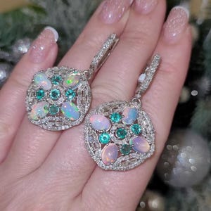 Natural Emerald Diamond Dangle Earrings- Fire Opal Pave Diamond Earring - Silver Halo Earrings - Baguette Diamond Earring - Gift for Women