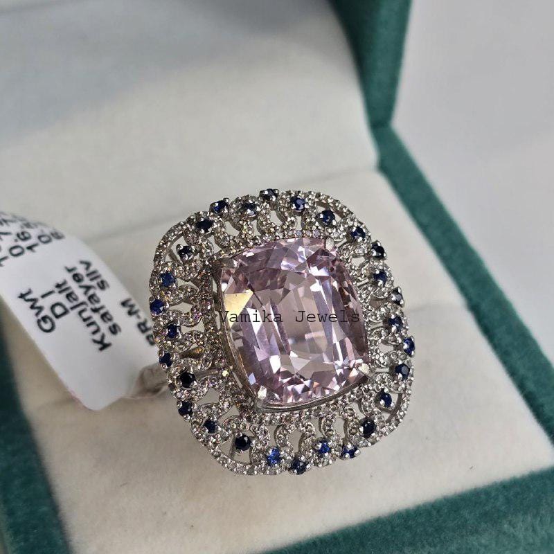 Natural Kunzite Sapphire Engagement Ring, 925 Sterling Silver Diamond Statement Jewelry, Anniversary Gift