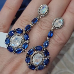 Pendientes colgantes de diamante y piedra lunar natural - Pendientes de diamante con pavé de cianita - Pendientes de plata 925 - Pendientes de fiesta - Regalo de joyería para ella