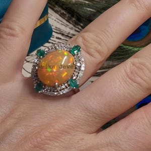 Natural Fire Opal & Diamond Ring, Sterling Silver Emerald Halo Cocktail Jewelry