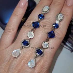 Pendientes colgantes de diamante con piedra lunar natural - Pendientes de diamante con pavé de cianita - Pendientes de plata 925 - Pendientes de fiesta - Regalo de aniversario para ella