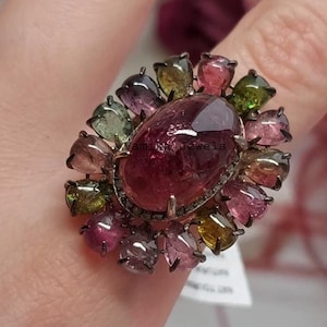 Natural Tourmaline Diamond Ring, Pave Diamond Cocktail Ring, Sterling Silver Multi Tourmaline Ring, Statement Ring, Jewelry Gift for Women