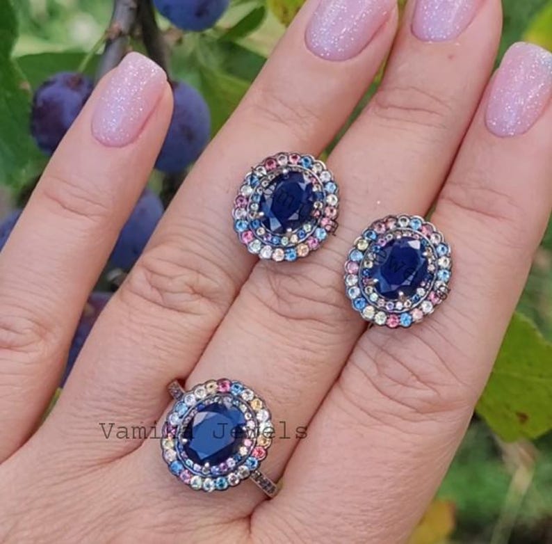 Natural Multi Sapphire Jewelry Set for Women, Blue Sapphire Matching Ring Earrings, 925 Sterling Silver, Statement Jewelry, Anniversary Gift