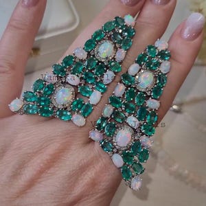 Natural Emerald Diamond Dangle Earrings- Fire Opal Pave Diamond Earring - Silver Halo Earrings - Jewelry for Wedding Or Party - Gift for Her