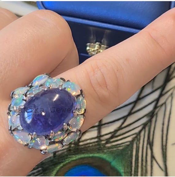 Natural Tanzanite Ethiopian Opal Ring, Handmade 925 Sterling Silver  Cocktail Statement Jewelry