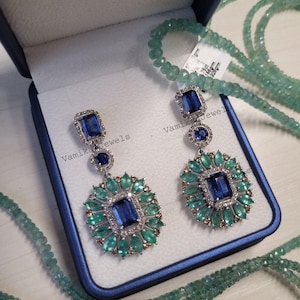 Natural Emerald Diamond Dangle Earrings- Kyanite Pave Diamond Earring - Silver Halo Earrings - Statement Earrings - Anniversary Gift for Her