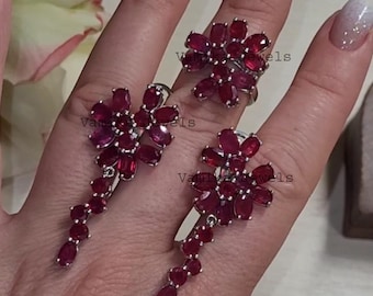 Set di anello e orecchini con rubino naturale, gioielli in argento sterling 925 fatti a mano con pietre portafortuna floreali