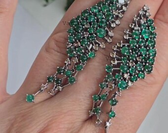 Örhängen med naturlig smaragd, vintage sterlingsilver handgjorda pave diamanter i kluster