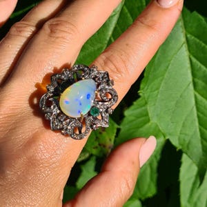 Handmade Fire Opal & Emerald Ring, Pave Diamond Sterling Silver Statement Jewelry