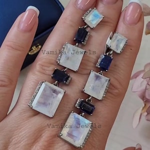 Pendientes colgantes de diamante con piedra lunar natural - Pendientes de diamante con pavé de cianita - Pendientes de plata 925 - Pendientes de fiesta - Regalo de aniversario para ella