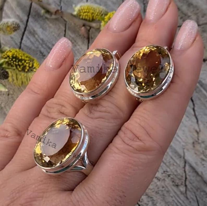 Natural Citrine Ring & Earrings Set, Sterling Silver Leverback Earrings, Split Shank Solitaire Ring, 15x18mm Oval, Gift for Her Jewelry