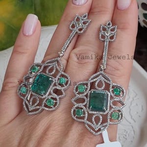 Emerald Diamond Earrings, 925 Silver Diamond Earrings for Women, Natural Emerald Diamond Dangle Earrings, Anniversary Celebration Gift