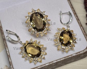 Natural Citrine Ring & Earrings Set, Gold Plated 925 Sterling Silver Art Deco Statement Jewelry