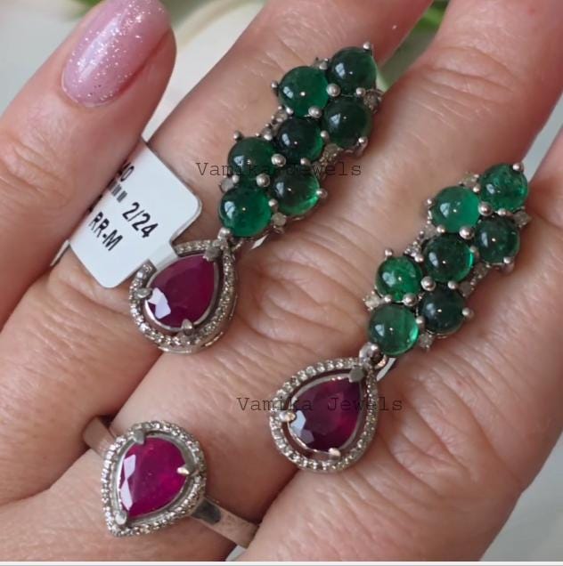Natural Ruby Diamond Ring & Earring Set, 925 Sterling Silver Emerald Multi Stone Cluster Jewelry