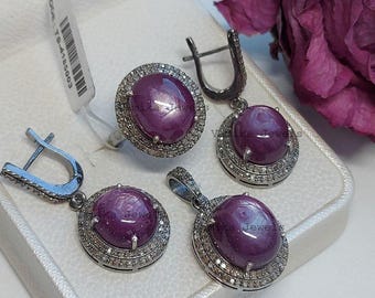 Handmade Ruby Diamond Sterling Silver Jewelry Set – Pendant, Ring, Earrings