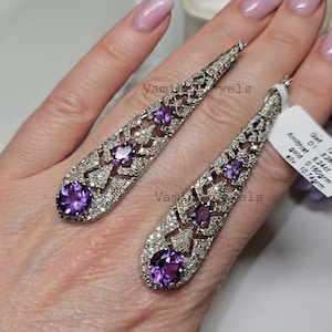 Natuurlijke amethist diamanten hangoorbel, 925 sterlingzilveren gouden statement-sieraden, huwelijkscadeau