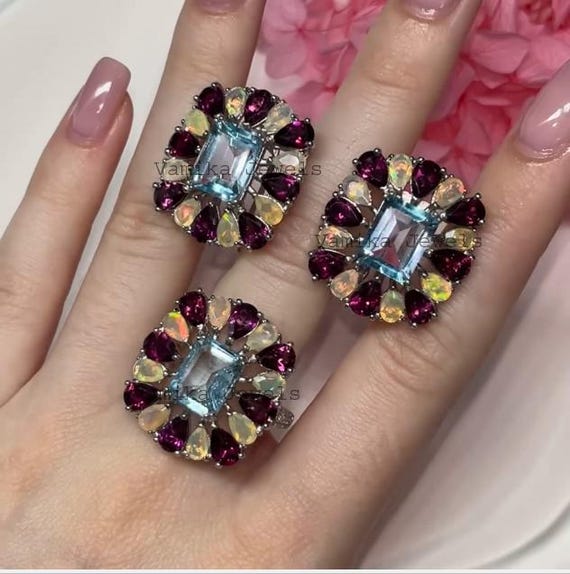 Natural Blue Topaz Opal Jewelry Set, Sterling Silver Rhodolite Garnet Multi Stone Ring Earrings