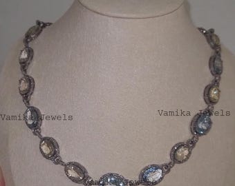 Aquamarine Heliodor Diamond Necklace - Sterling Silver Bridal Jewelry