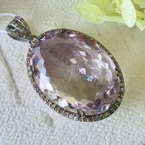 Natural Amethyst Pendant, 925 Sterling Silver Pave Diamond Pendant, Halo Pendant for Women,  Amethyst Diamond Silver Jewelry Gift for Her