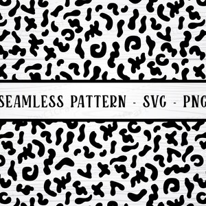 May include: Black and white seamless pattern with abstract shapes on a white wood grain background. The text "SEAMLESS PATTERN - SVG - PNG" is displayed in a white rectangle.