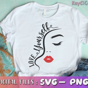May include: White t-shirt with a black and red graphic design. The graphic features a stylized female face with closed eyes and red lips. The text "LOVE YOURSELF" is written in a curved line above the face.