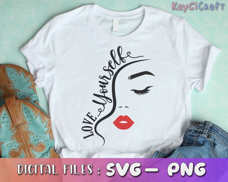 May include: White t-shirt with a black and red graphic design. The graphic features a stylized female face with closed eyes and red lips. The text "LOVE YOURSELF" is written in a curved line above the face.