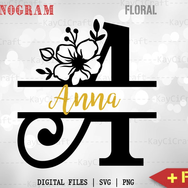 Floral Split Monogram Alphabet SVG | Split Monogram Frame Alphabet|Monogram Letter SVG|Last Name Monogram|Svg / Png /Custom Cut file /Cricut