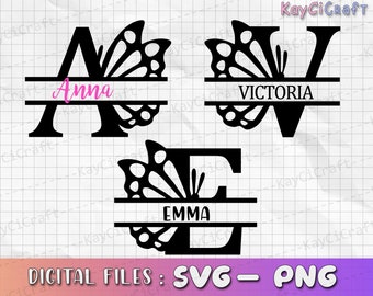 Motyl podzielony monogram alfabet SVG | Motyl alfabet|Monogram litera SVG|Monogram nazwiska|Svg / Png /Plik do cięcia niestandardowego /Cricut