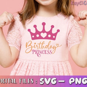 May include: A pink shirt with a pink crown and the text "Birthday Princess" in gold lettering.