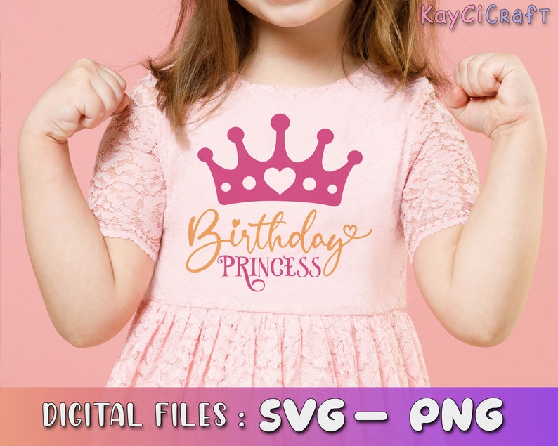 May include: A pink shirt with a pink crown and the text "Birthday Princess" in gold lettering.