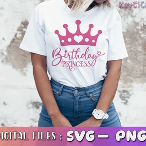 May include: A white t-shirt with a pink crown and the text "Birthday Princess" in pink lettering.