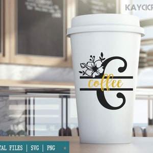 May include: White coffee cup with a black letter C and the word "coffee" in gold lettering. The letter C is decorated with a floral design.