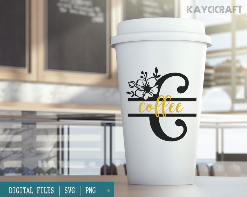 May include: White coffee cup with a black letter C and the word "coffee" in gold lettering. The letter C is decorated with a floral design.