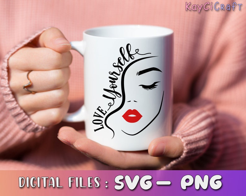 May include: White ceramic mug with a black and white illustration of a woman's face and the text "LOVE YOURSELF" in black cursive lettering. The woman's lips are red.