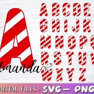 May include: Red and white candy cane striped alphabet letters. The letter A is larger than the rest of the alphabet and has the name Amanda written underneath it.