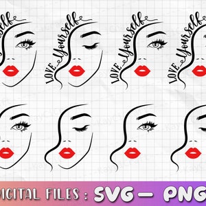 May include: Six black and white illustrations of a woman's face with the text "Love Yourself" written in a cursive font. The woman's face is outlined in black and has red lips.