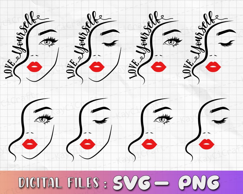 May include: Six black and white illustrations of a woman's face with the text "Love Yourself" written in a cursive font. The woman's face is outlined in black and has red lips.