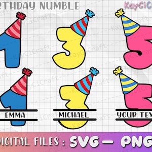 May include: A set of six digital files for a birthday party. The files are in SVG and PNG format. The files feature a number one, two, three, four, and five with a party hat on top. The numbers are in different colors, including blue, yellow, and pink. The numbers have a space for a name to be added. The text "EMMA" is on the number one, "MICHAEL" is on the number three, and "YOUR TEXT" is on the number five.