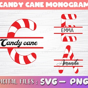 May include: Two candy cane monogram designs with the names "Emma" and "Amanda" written in black text on a white background. The candy canes are red and white.