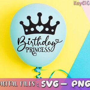 May include: A light blue balloon with a black crown and the text "Birthday Princess" in black script. The balloon is on a yellow background.