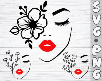 Volto di donna con fiori SVG / Volto di donna Svg / Fiore Svg / Labbro in formato SVG / Ragazza viso in formato SVG / Floreale in formato SVG / Svg / Png / File di taglio personalizzato /Cricut