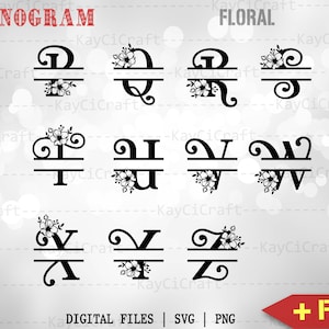 May include: A set of 10 black and white monogram designs featuring a floral element and a split monogram. The letters are P, Q, R, T, U, V, W, X, Y, and Z. The text "MONOGRAM" and "FLORAL" are at the top of the image. The text "DIGITAL FILES | SVG | PNG" is at the bottom of the image. The text "+ Font" is in a red box at the bottom right of the image.